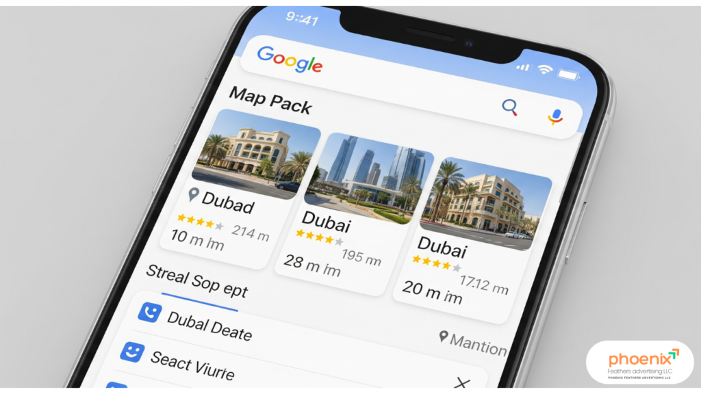 A visual representation of a Google search results page on a smartphone. The screen is dominated by the Google Map Pack, highlighting three Dubai-based businesses with their star ratings and distance, visually demonstrating its prominence over the traditional blue link results below.