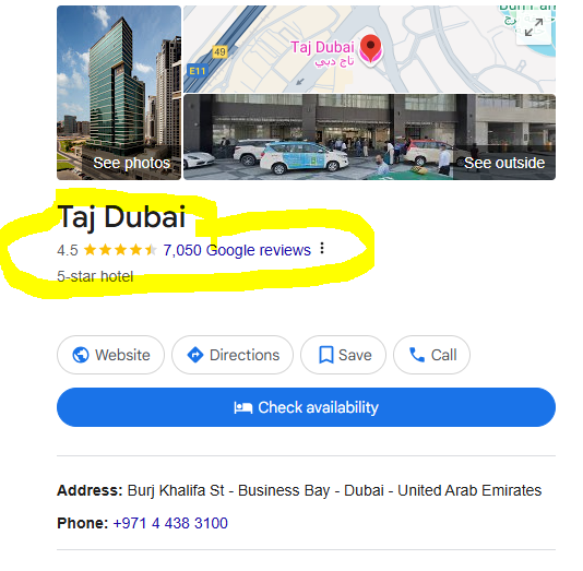An image showing a customer review on the Google Business Profile for Taj Dubai, illustrating the process of online reputation building.We provide local seo services in Dubai.