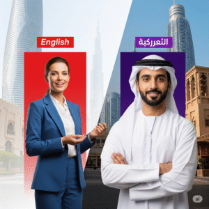 A graphic showing two distinct professional profiles for the Dubai market. One represents an English-speaking expat professional, and the other represents an Arabic-speaking local professional, illustrating the need for targeted audience personas.