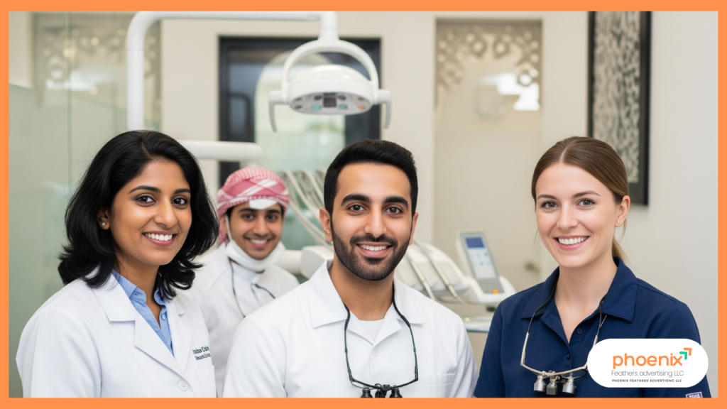 A diverse team of expert dentists and dental assistants smiling in a modern, well-equipped dental clinic in Dubai, UAE.