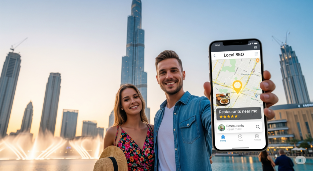 A tourist couple in front of the Burj Khalifa in Dubai finding a top-rated local restaurant on their smartphone, demonstrating the importance of local SEO for attracting tourist footfall. We provide local seo services in Dubai.
