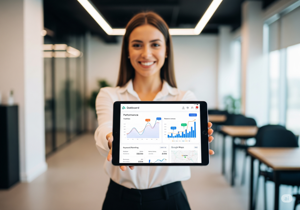 An account manager in a Dubai office presenting a tablet with a local SEO performance report showing growth in traffic, keyword rankings, and Google Maps.we provide local seo services in dubai.