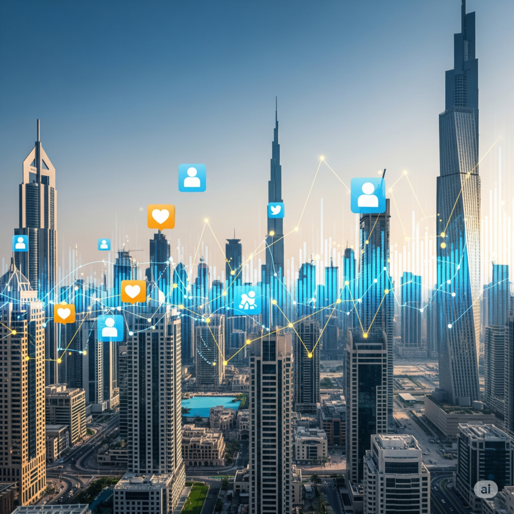 Dubai's iconic, futuristic skyline blended with the concept of digital data. Glowing graphs and social media icons float over the cityscape, visually representing the application of a data strategy to the Dubai market, with a professional and authoritative color palette.