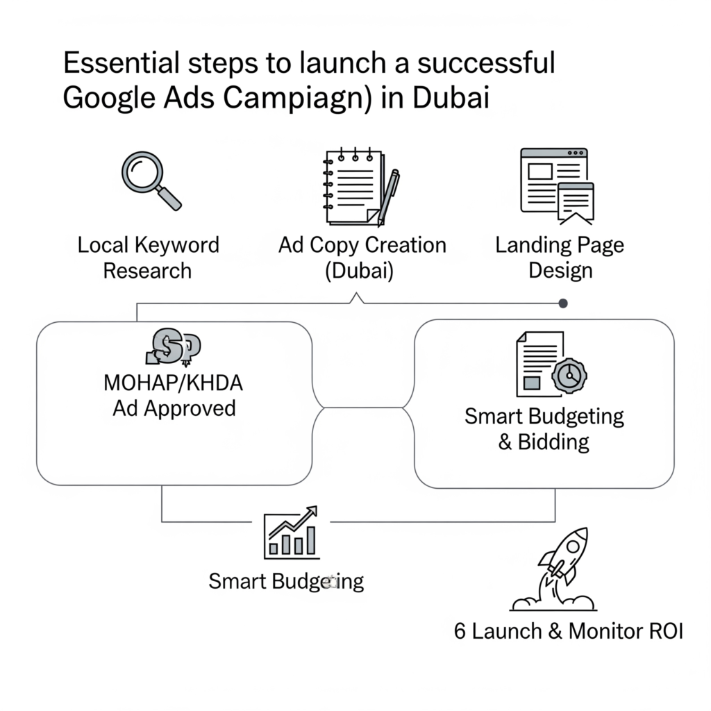 An infographic flowchart showing the step-by-step process of setting up a successful Google Ads campaign for dental clinics in Dubai