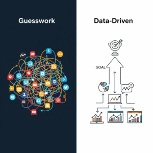 A powerful infographic contrasting two approaches. The left, 'Guesswork,' shows a chaotic mess of tangled arrows. The right, 'Data-Driven,' shows a clear, organized path from data icons up to a goal, visually explaining the value of a clear strategy.