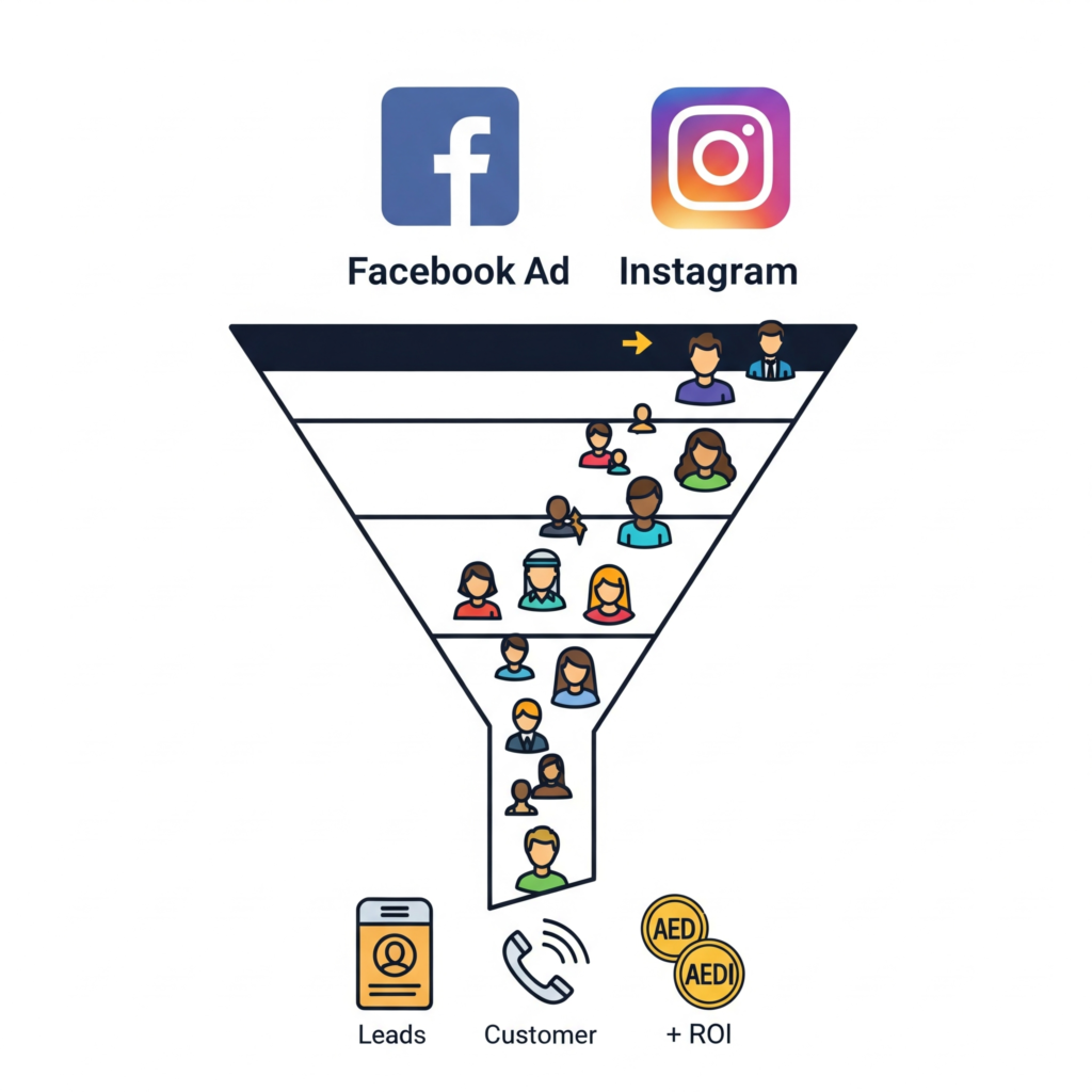 A diagram showing how ROI-focused lead generation services in Dubai turn Facebook and Instagram ads into measurable leads and revenue.