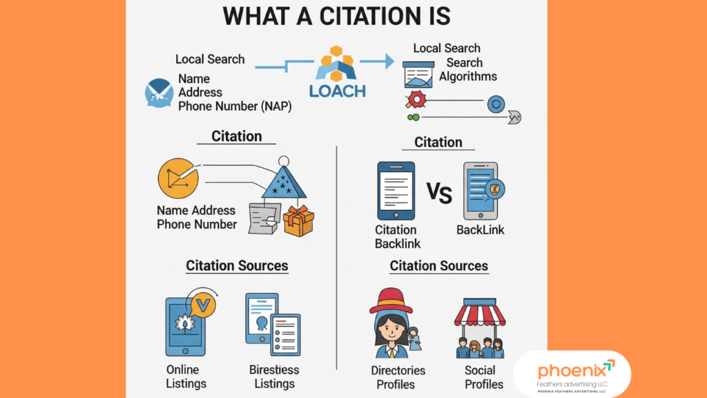 Infographic explaining what a local SEO citation is, showing how a consistent Name, Address, and Phone number (NAP) across directories boosts local search rankings.