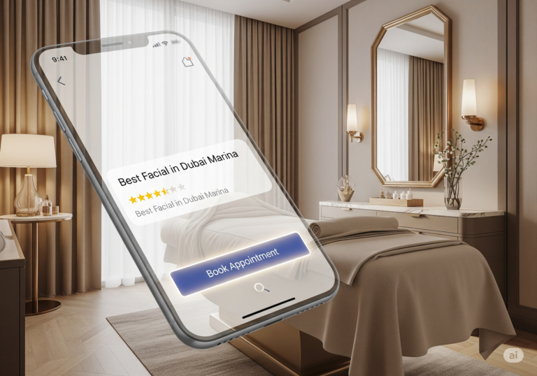 A serene Dubai spa setting with a digital interface showing a search for 'best facial in Dubai Marina' and an option to book an appointment, illustrating SEO for beauty and wellness clients