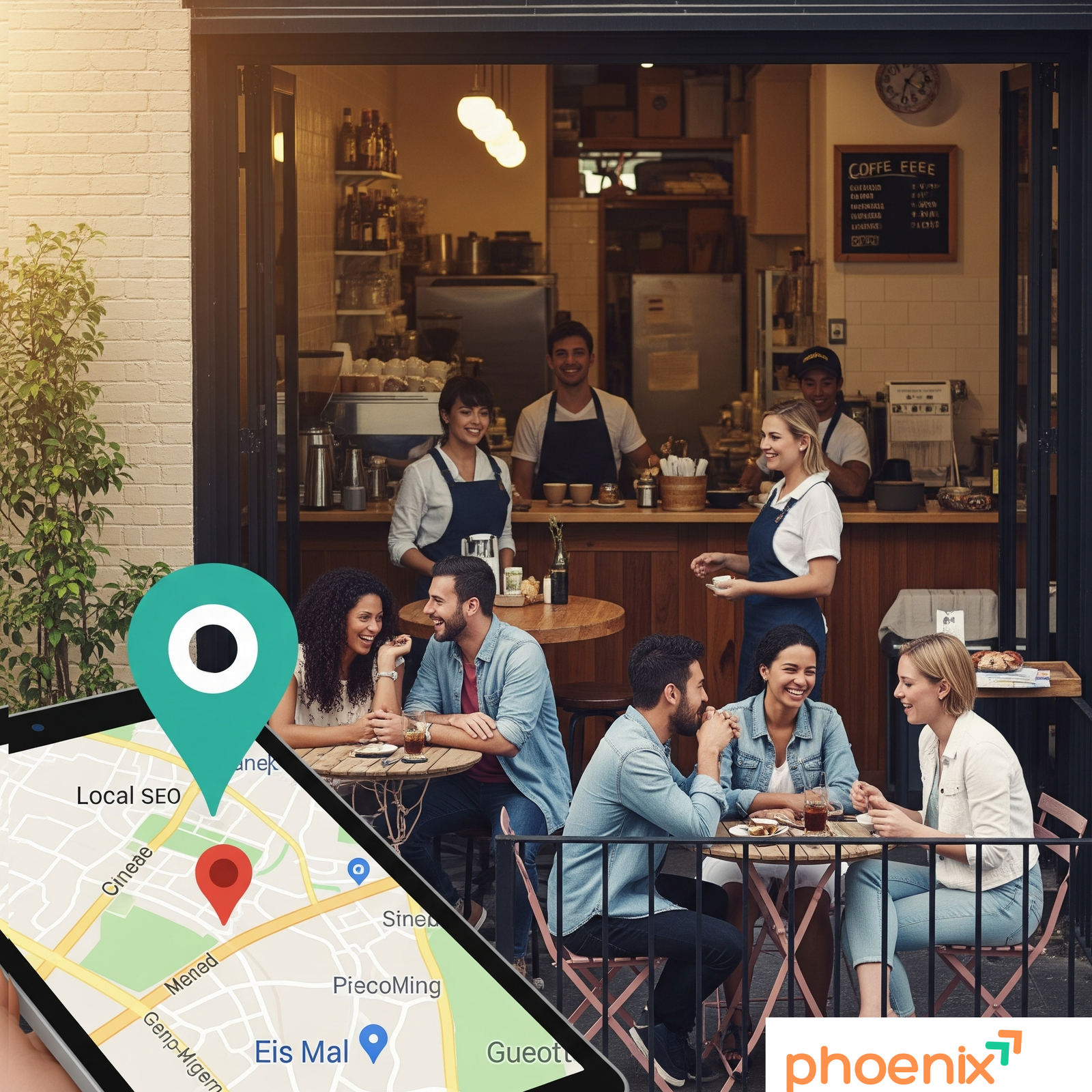 A vibrant local coffee shop bustling with happy customers, with a digital map pin icon pointing to it, illustrating the success of local SEO in building a strong community connection for a business in Dubai.We provide local seo services in Dubai.