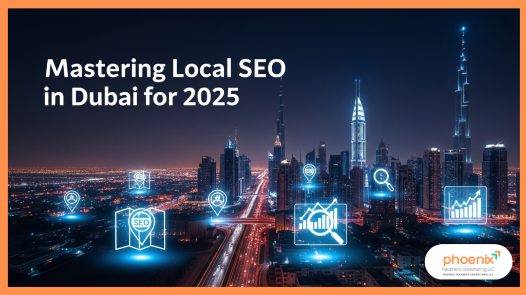 A futuristic hero image showing the Dubai skyline with glowing holographic icons for local SEO, such as map pins and graphs, for a guide on mastering local SEO in Dubai for 2025.
