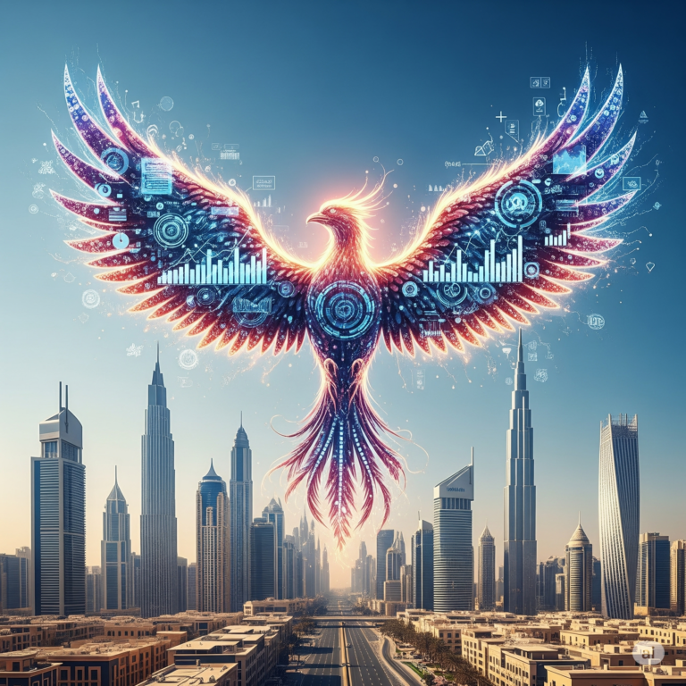 A digital phoenix representing business growth and marketing transformation in Dubai, rising with wings of data best digital marketing in dubai