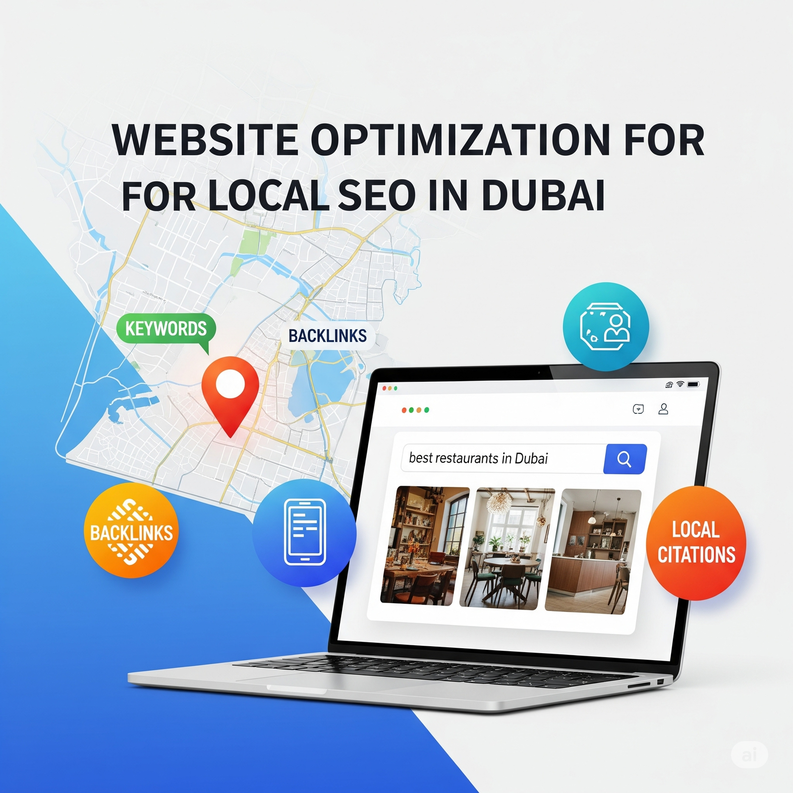 A professional graphic illustrating website optimization for local SEO in Dubai, featuring a laptop showing a webpage, a map of Dubai with a location pin, and floating icons that represent key SEO factors like keywords and mobile-friendliness.We provide local seo services in Dubai.