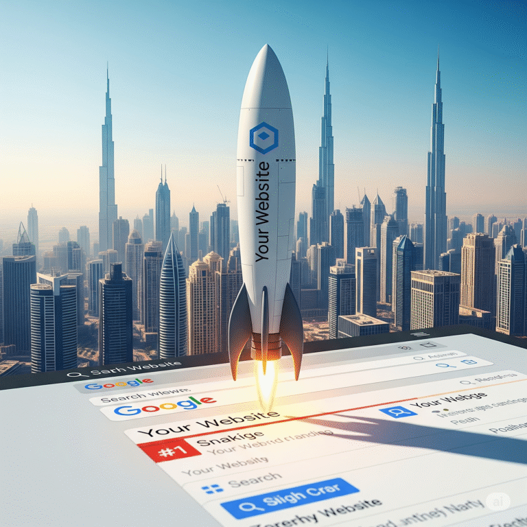 A rocket representing a website with 'Your Website' logo, landing on the #1 spot on a Google search results page, signifying top SEO ranking in Dubai with the city's skyline in the background.Digital Marketing Agency in Dubai