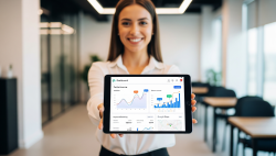 An account manager in a Dubai office presenting a tablet with a local SEO performance report showing growth in traffic, keyword rankings, and Google Maps.